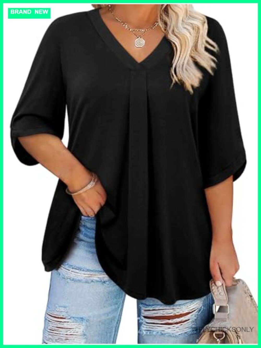 Plus Size 3/4 Bell Sleeve Tunic Top V-Neck Flowy Blouse